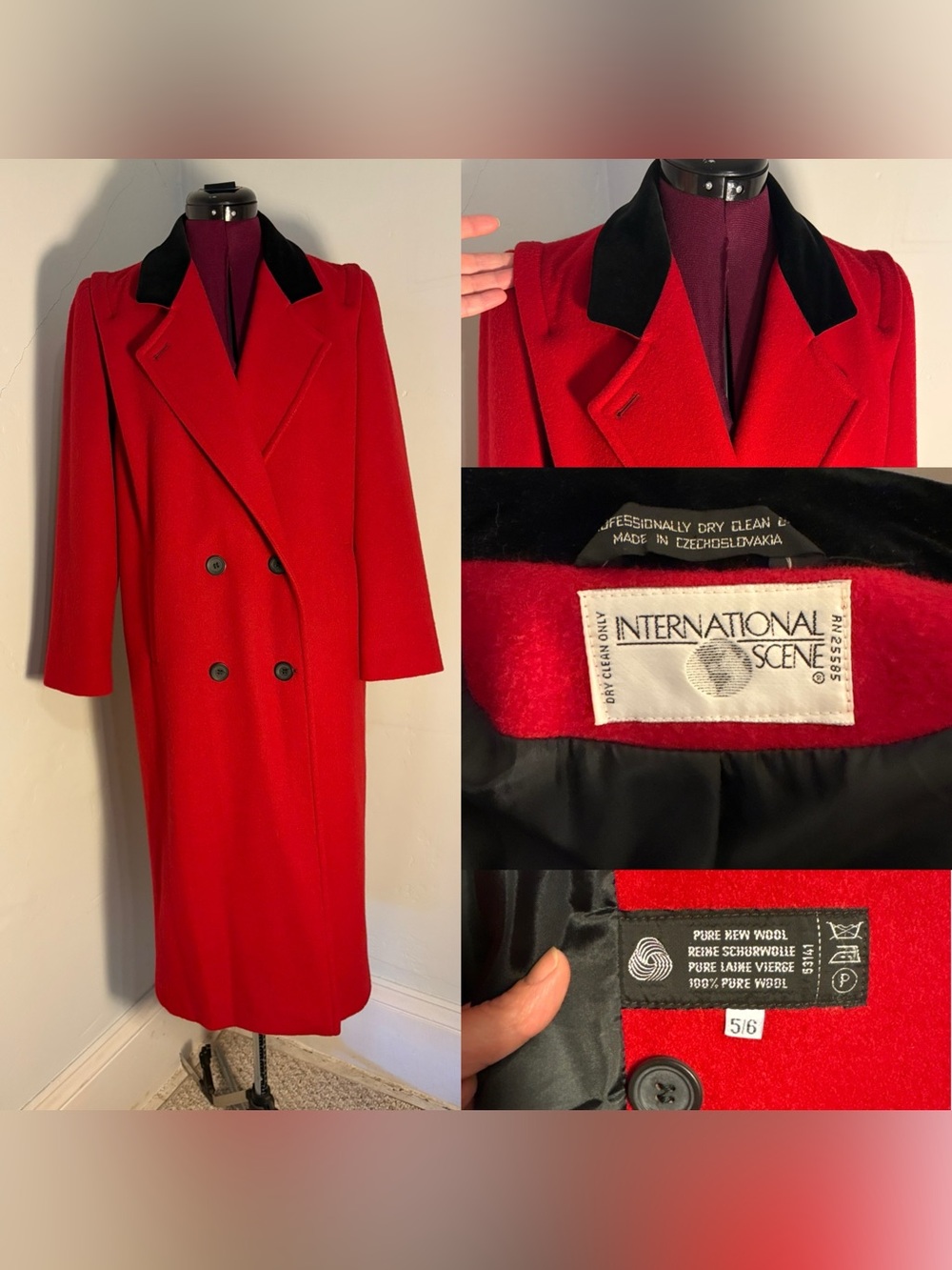 International Scene 100% wool coat red double breasted velvet collar early 1990s